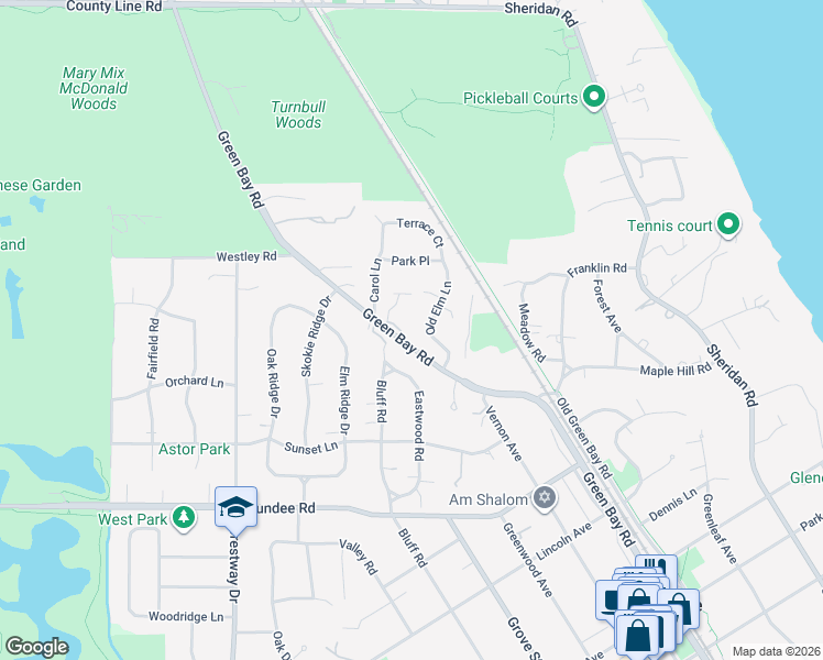 map of restaurants, bars, coffee shops, grocery stores, and more near 1066 Old Elm Lane in Glencoe