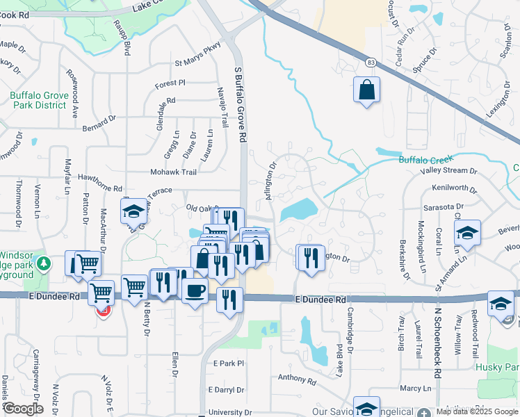 map of restaurants, bars, coffee shops, grocery stores, and more near Stonehedge Court in Wheeling