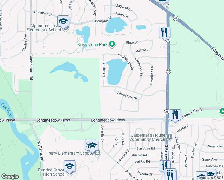 map of restaurants, bars, coffee shops, grocery stores, and more near 615 Silverstone Drive in Carpentersville