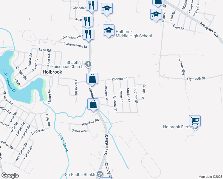 map of restaurants, bars, coffee shops, grocery stores, and more near 27 Rindone Street in Holbrook