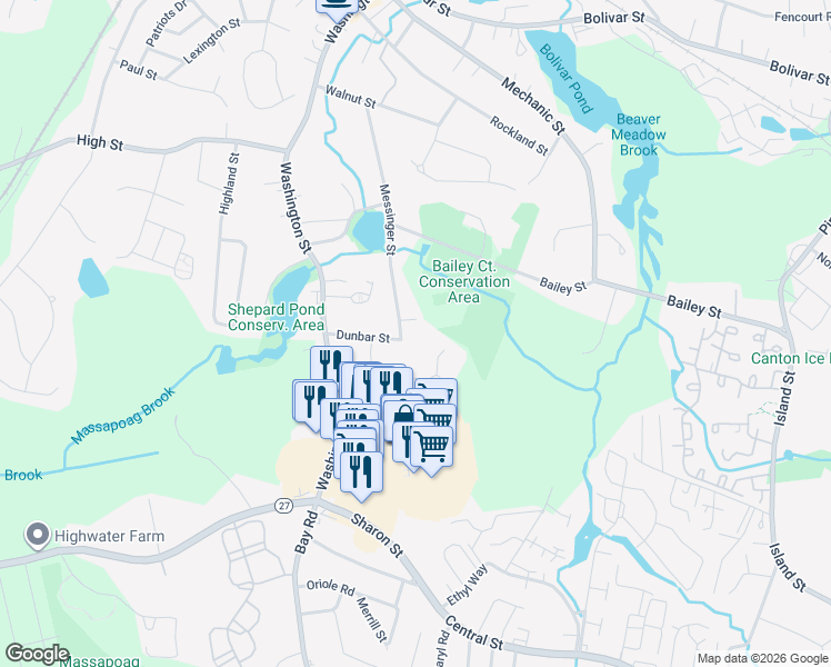 map of restaurants, bars, coffee shops, grocery stores, and more near 4 Widberg Lane in Canton