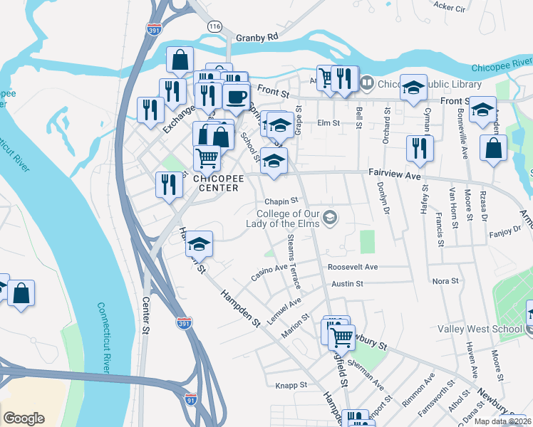 map of restaurants, bars, coffee shops, grocery stores, and more near 108 Nonotuck Avenue in Chicopee