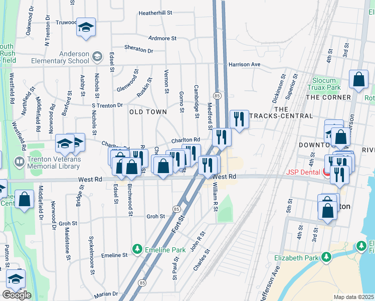 map of restaurants, bars, coffee shops, grocery stores, and more near 2684 Gorno Street in Trenton