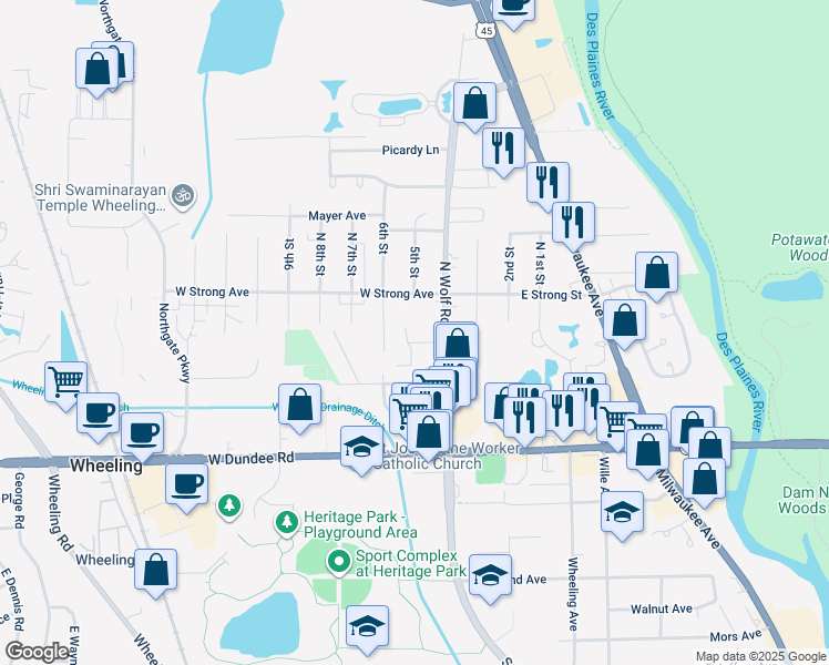 map of restaurants, bars, coffee shops, grocery stores, and more near 180 North Wolf Road in Wheeling