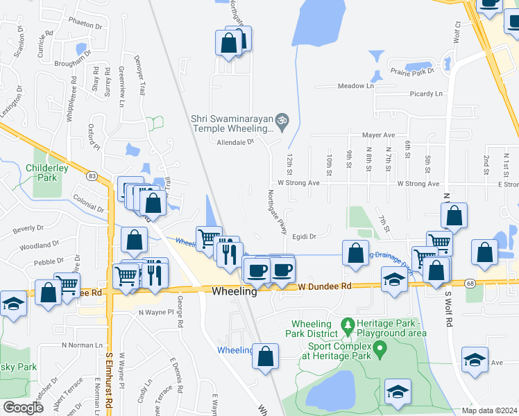 map of restaurants, bars, coffee shops, grocery stores, and more near 100 Hudson Court in Wheeling