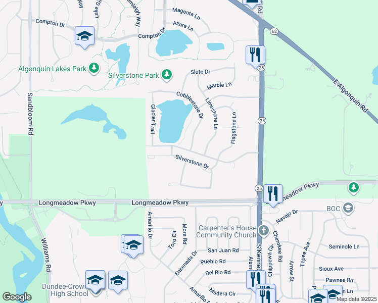 map of restaurants, bars, coffee shops, grocery stores, and more near 1003 Silverstone Drive in Carpentersville