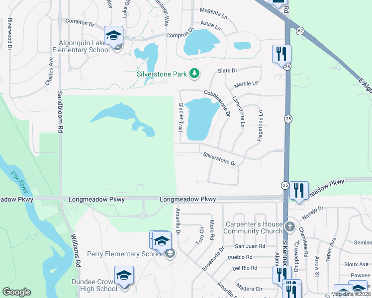 map of restaurants, bars, coffee shops, grocery stores, and more near 725 Silverstone Drive in Carpentersville