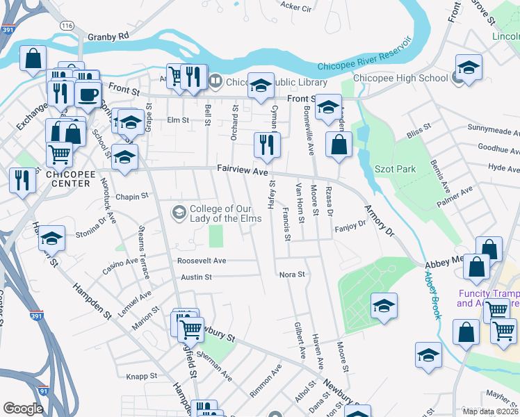 map of restaurants, bars, coffee shops, grocery stores, and more near 81 Saratoga Avenue in Chicopee