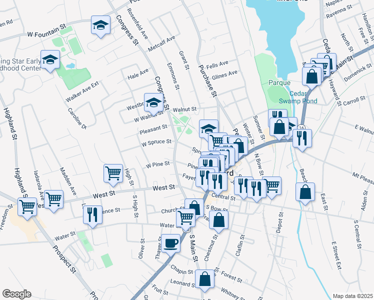 map of restaurants, bars, coffee shops, grocery stores, and more near 90 1/2 Spruce Street in Milford