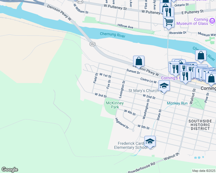 map of restaurants, bars, coffee shops, grocery stores, and more near West 2nd Street & Fox Street in Corning