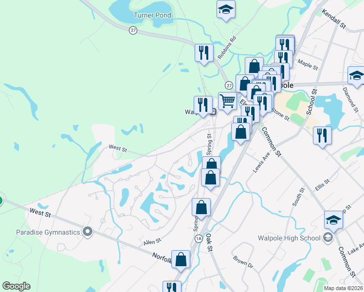map of restaurants, bars, coffee shops, grocery stores, and more near 178 West Street in Walpole