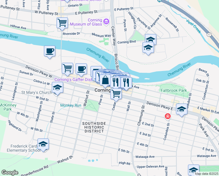 map of restaurants, bars, coffee shops, grocery stores, and more near 31-35 Denison Parkway East in Corning