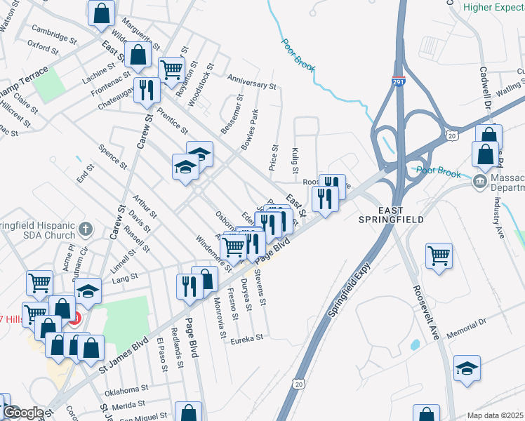 map of restaurants, bars, coffee shops, grocery stores, and more near 60 Jenness Street in Springfield