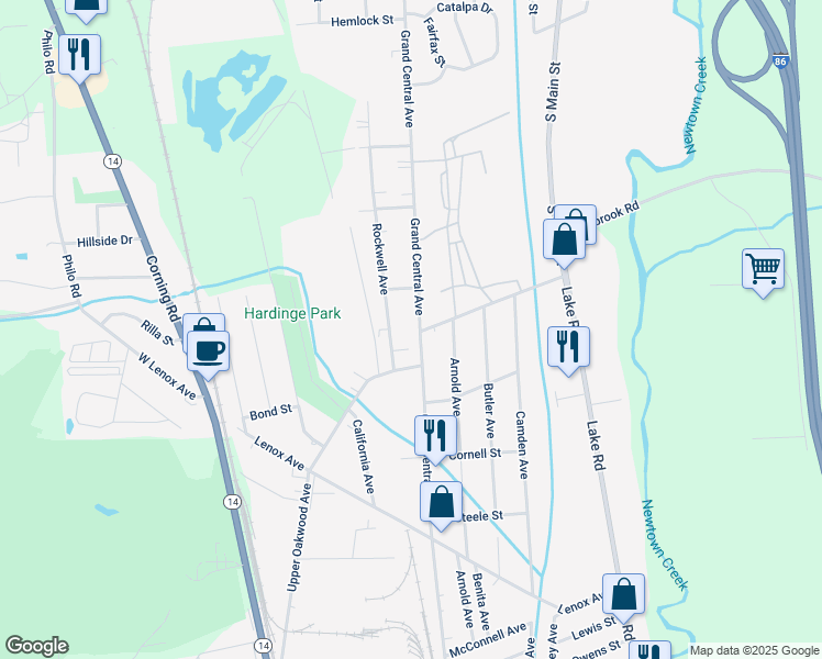 map of restaurants, bars, coffee shops, grocery stores, and more near 1961 Grand Central Avenue in Horseheads