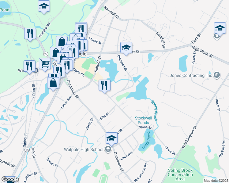 map of restaurants, bars, coffee shops, grocery stores, and more near 160 Stone Street in Walpole