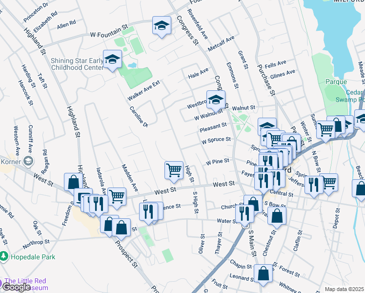 map of restaurants, bars, coffee shops, grocery stores, and more near 63 High Street in Milford