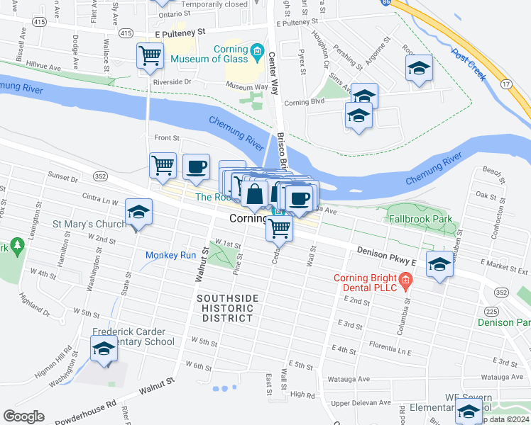 map of restaurants, bars, coffee shops, grocery stores, and more near 31-35 Denison Parkway East in Corning