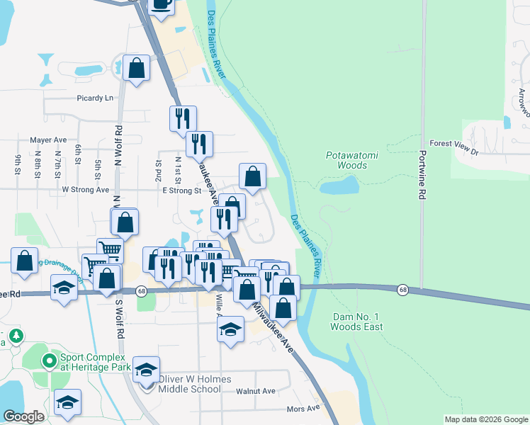 map of restaurants, bars, coffee shops, grocery stores, and more near 311 Partridge Lane in Wheeling