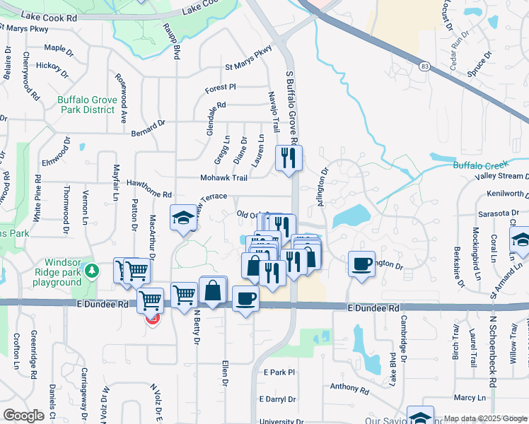 map of restaurants, bars, coffee shops, grocery stores, and more near 101 Old Oak Drive in Buffalo Grove