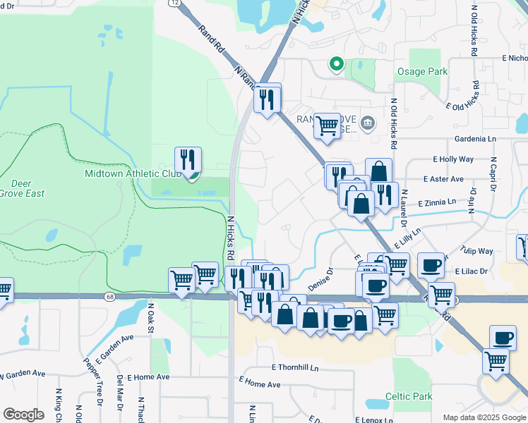 map of restaurants, bars, coffee shops, grocery stores, and more near 431 East Osage Lane in Palatine