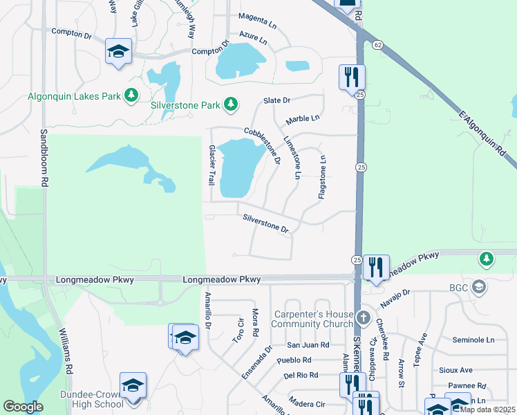 map of restaurants, bars, coffee shops, grocery stores, and more near 1003 Silverstone Drive in Carpentersville