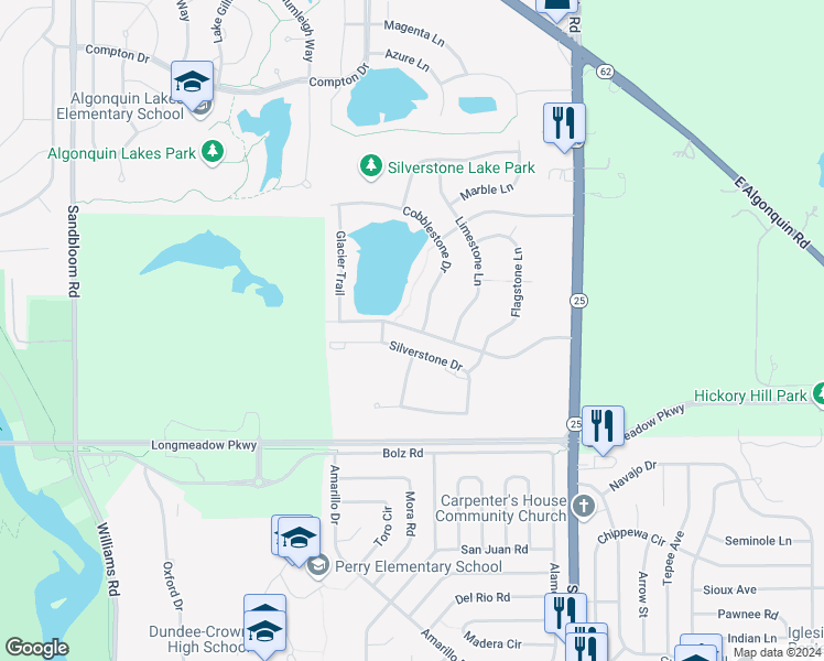 map of restaurants, bars, coffee shops, grocery stores, and more near 1003 Silverstone Drive in Carpentersville