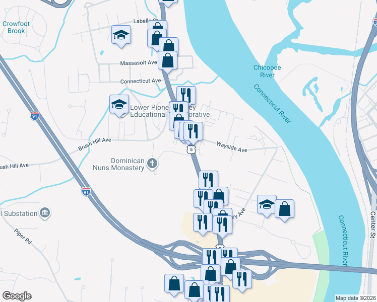 map of restaurants, bars, coffee shops, grocery stores, and more near 1440 Riverdale Street in West Springfield