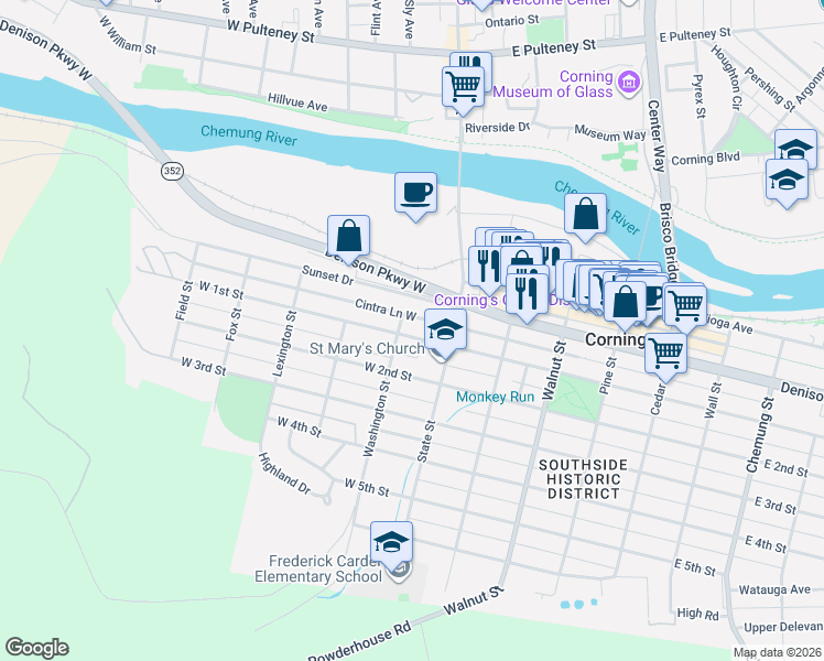 map of restaurants, bars, coffee shops, grocery stores, and more near 187 West 1st Street in Corning