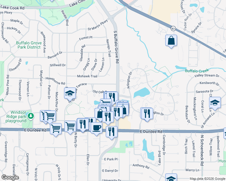 map of restaurants, bars, coffee shops, grocery stores, and more near 10 Old Oak Drive in Buffalo Grove