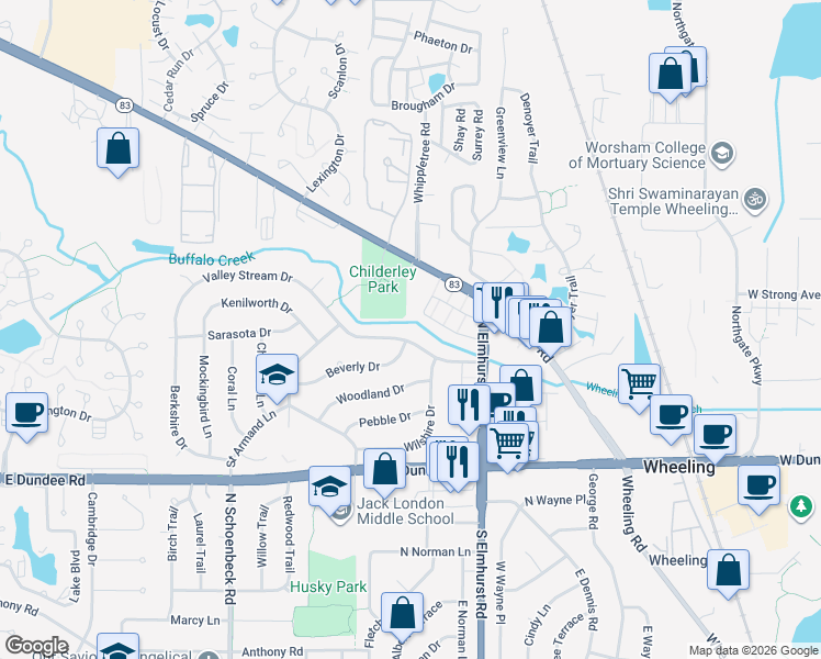 map of restaurants, bars, coffee shops, grocery stores, and more near 909 Valley Stream Drive in Wheeling