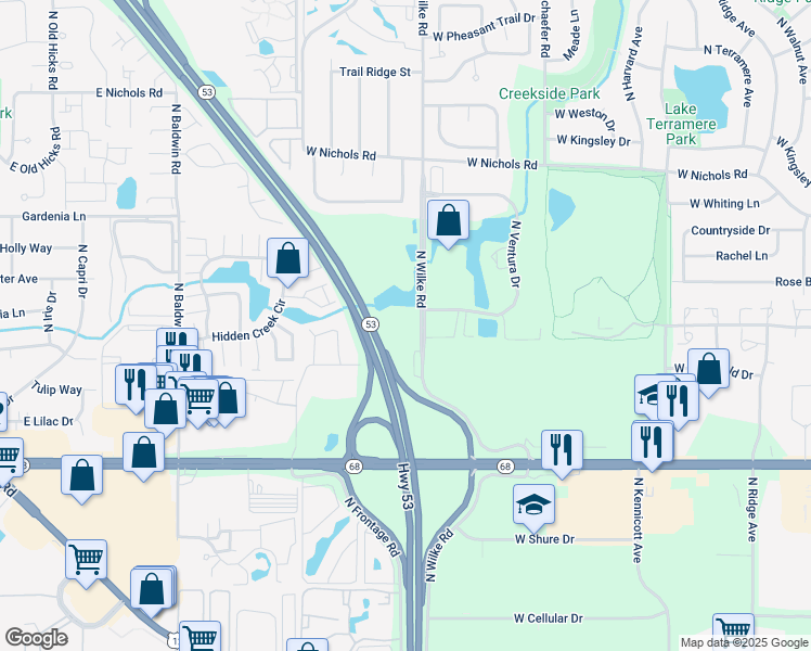 map of restaurants, bars, coffee shops, grocery stores, and more near 3700 North Wilke Road in Arlington Heights