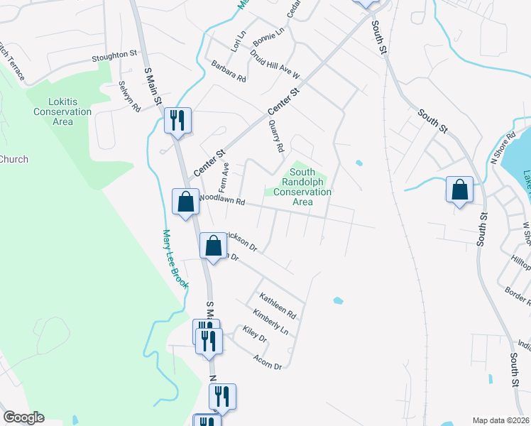map of restaurants, bars, coffee shops, grocery stores, and more near 12 South Sherwood Avenue in Randolph
