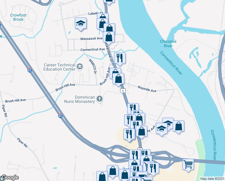 map of restaurants, bars, coffee shops, grocery stores, and more near 1440 Riverdale Street in West Springfield