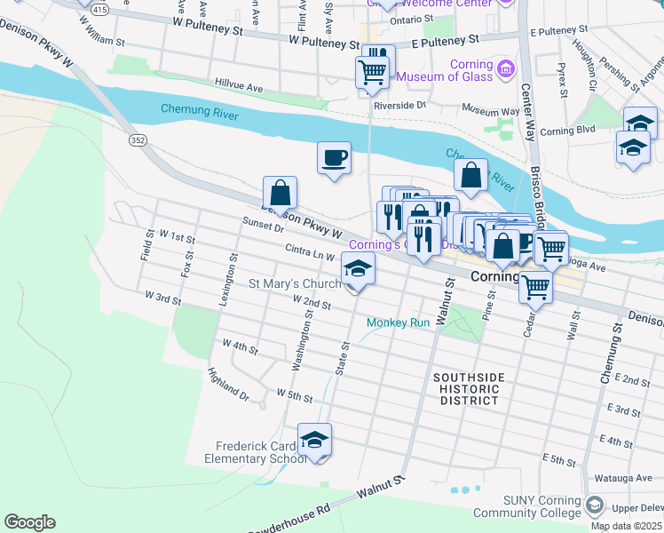 map of restaurants, bars, coffee shops, grocery stores, and more near 178 West 1st Street in Corning