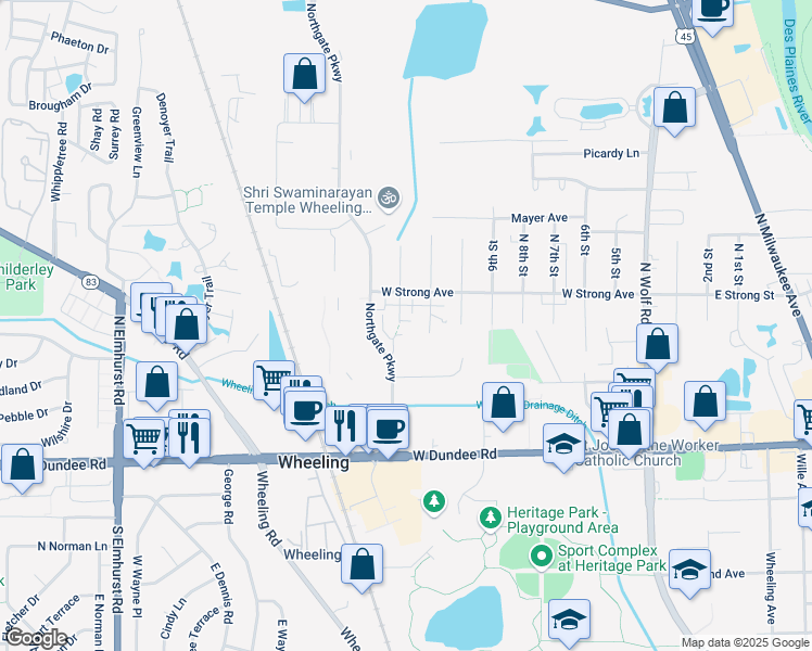 map of restaurants, bars, coffee shops, grocery stores, and more near 275 12th Street in Wheeling