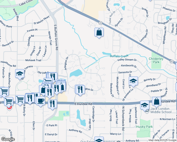 map of restaurants, bars, coffee shops, grocery stores, and more near 1414 Tulip Court in Wheeling