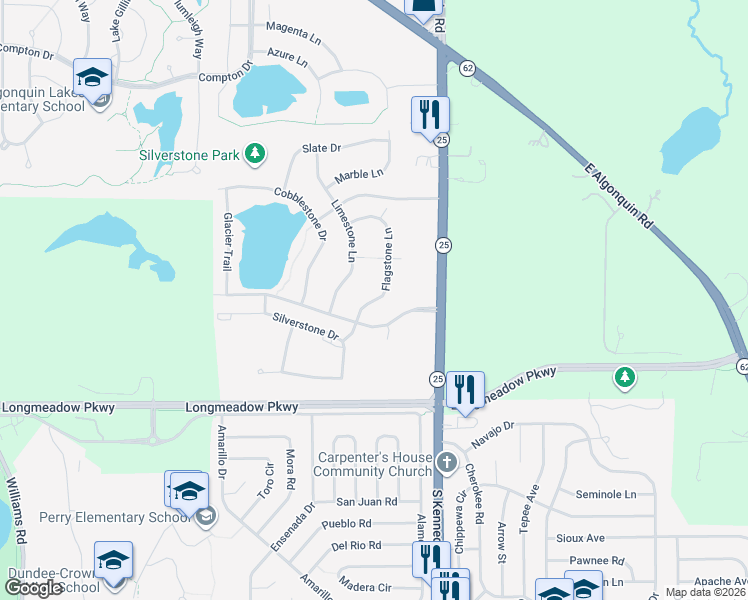 map of restaurants, bars, coffee shops, grocery stores, and more near 2291 Flagstone Lane in Carpentersville