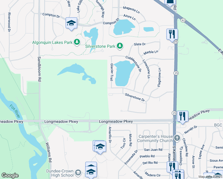 map of restaurants, bars, coffee shops, grocery stores, and more near 927 Silverstone Drive in Carpentersville