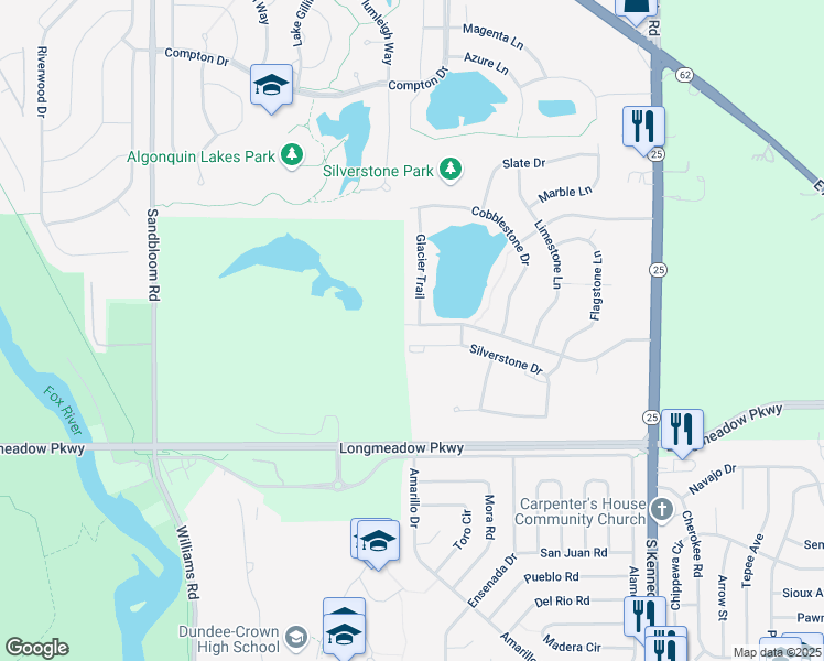 map of restaurants, bars, coffee shops, grocery stores, and more near 927 Silverstone Drive in Carpentersville