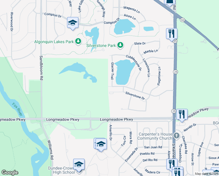 map of restaurants, bars, coffee shops, grocery stores, and more near 927 Silverstone Drive in Carpentersville