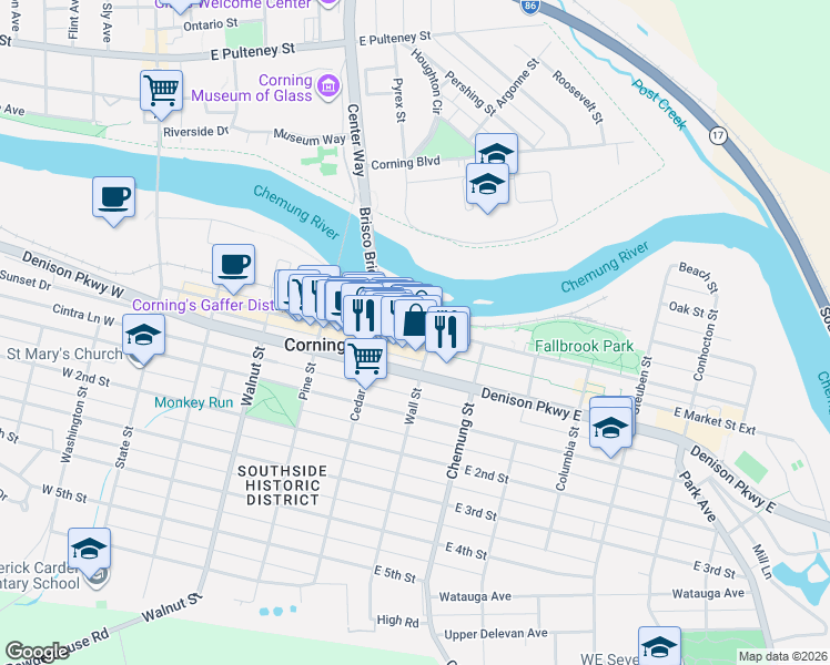 map of restaurants, bars, coffee shops, grocery stores, and more near 88 East Tioga Avenue in Corning
