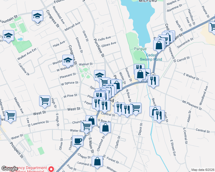 map of restaurants, bars, coffee shops, grocery stores, and more near 29 Spruce Street in Milford