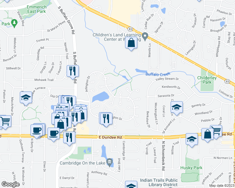 map of restaurants, bars, coffee shops, grocery stores, and more near 1414 Tulip Court in Wheeling