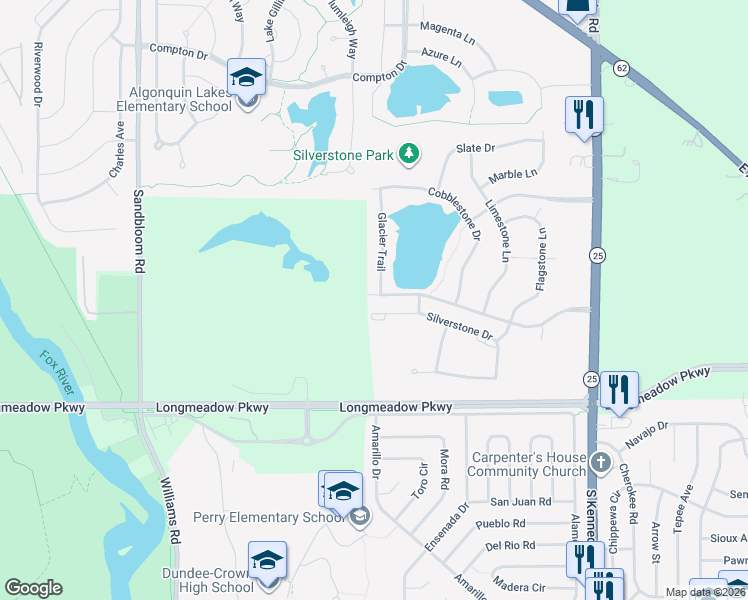 map of restaurants, bars, coffee shops, grocery stores, and more near 927 Silverstone Drive in Carpentersville