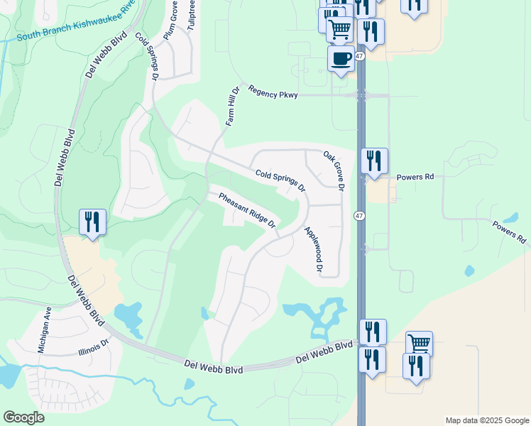 map of restaurants, bars, coffee shops, grocery stores, and more near 12387 Pheasant Ridge Drive in Huntley