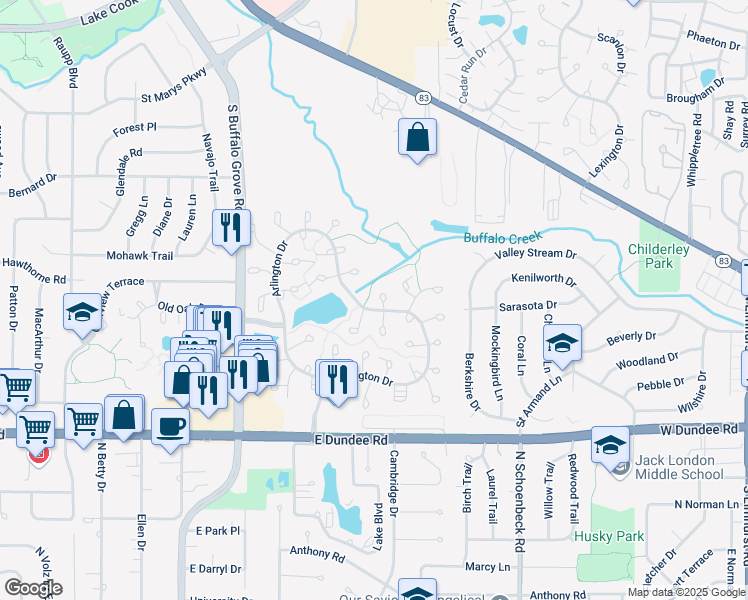 map of restaurants, bars, coffee shops, grocery stores, and more near 1414 Tulip Court in Wheeling