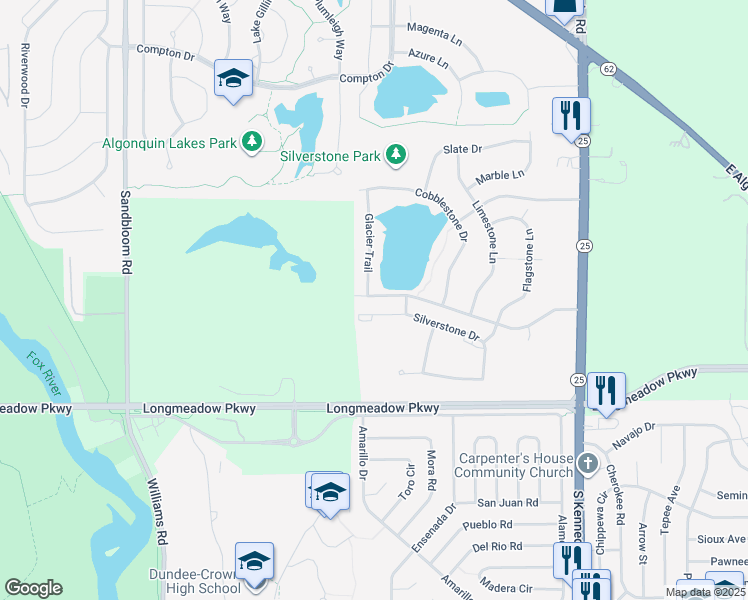 map of restaurants, bars, coffee shops, grocery stores, and more near 615 Silverstone Drive in Carpentersville