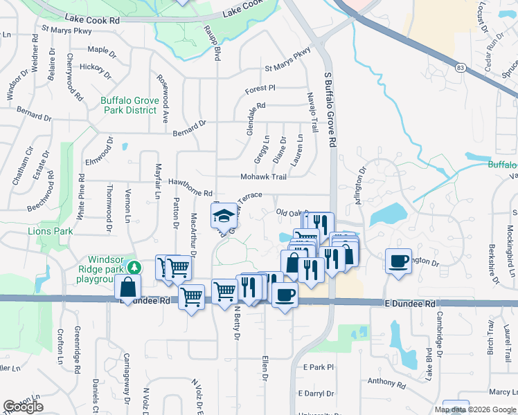 map of restaurants, bars, coffee shops, grocery stores, and more near 173 Old Oak Court West in Buffalo Grove