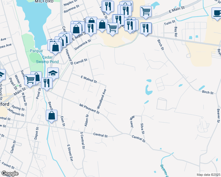 map of restaurants, bars, coffee shops, grocery stores, and more near 56 East Walnut Street in Milford