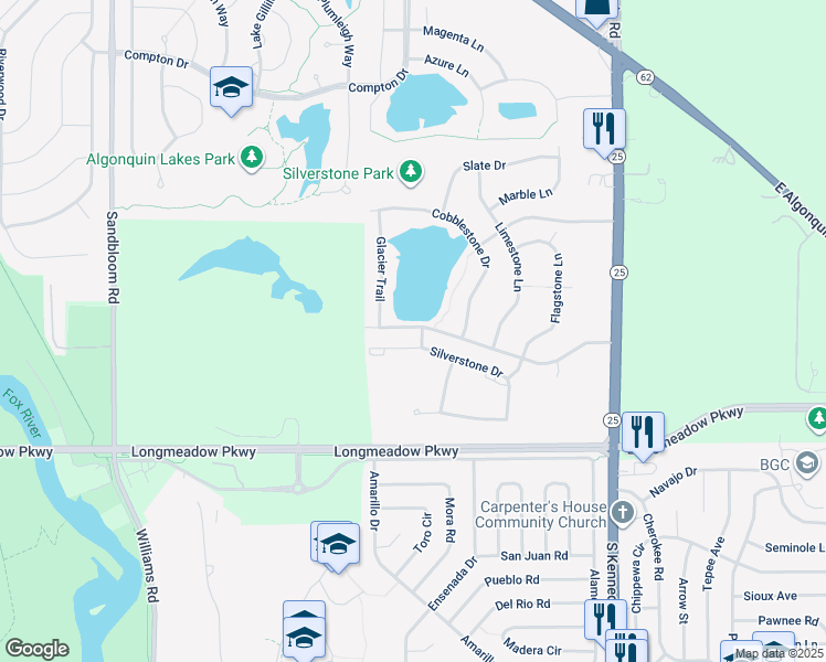 map of restaurants, bars, coffee shops, grocery stores, and more near 1821 Silverstone Drive in Carpentersville